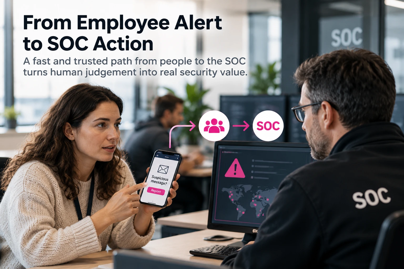 An employee shows a colleague from the SOC the suspicious message she just reported on her phone, under the headline From Employee Alert to SOC Action