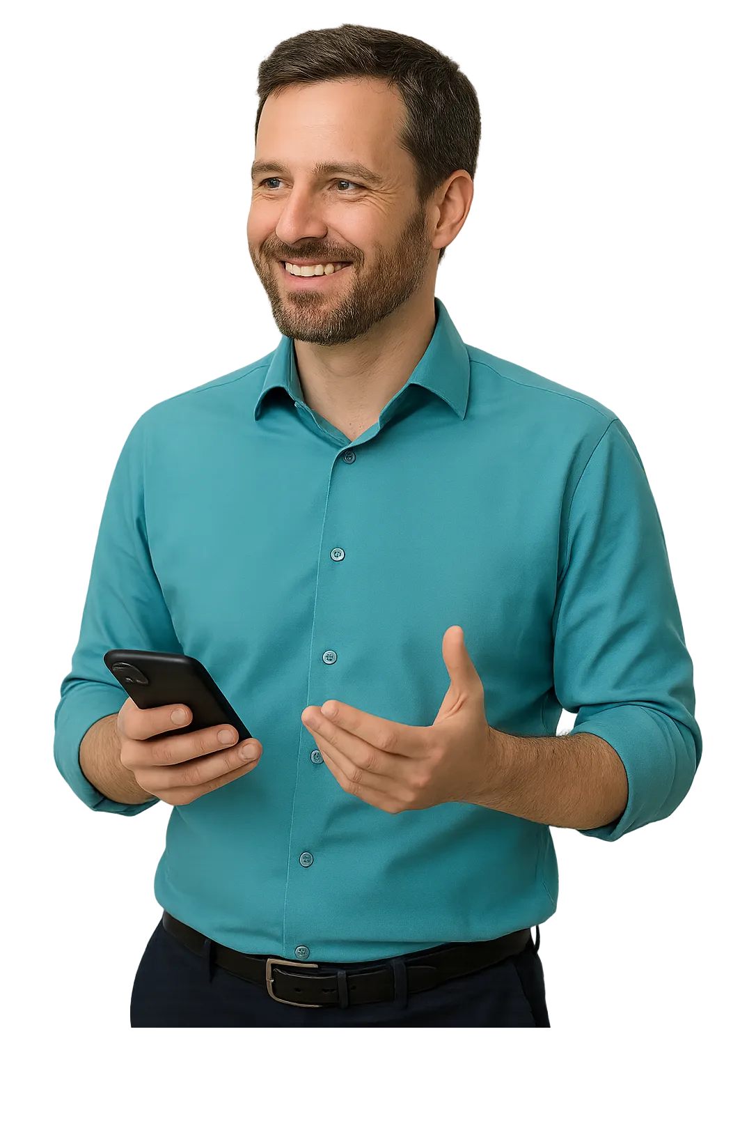 An IT lead at a manufacturing company holding a phone, cut out against the page background