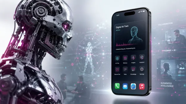 Humanoid robot facing a smartphone with an active "Digital AI-Twin" app, illustrating a personal AI digital twin