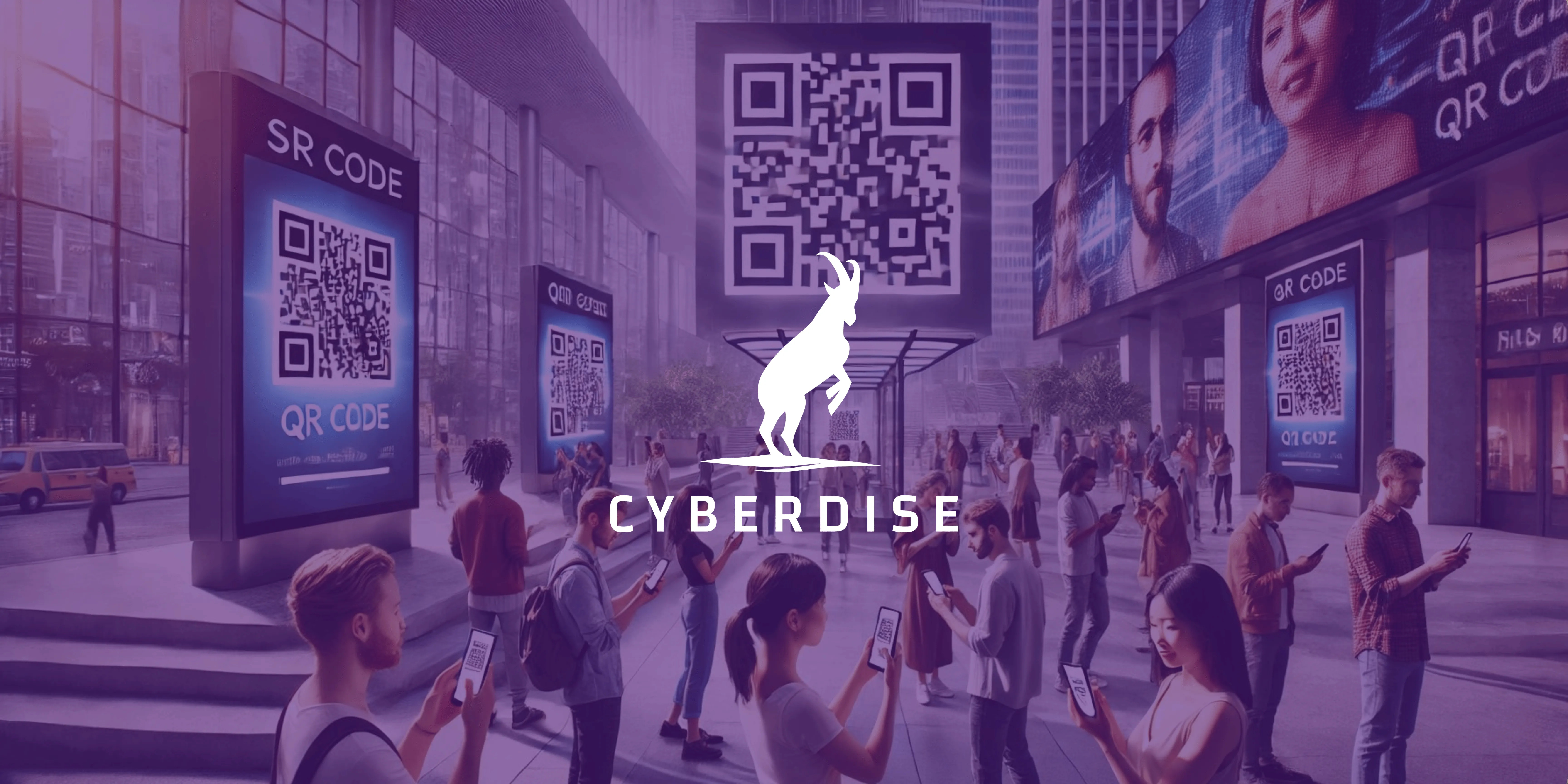 People on a city plaza scanning QR codes on large billboards with their phones, overlaid with the Cyberdise logo