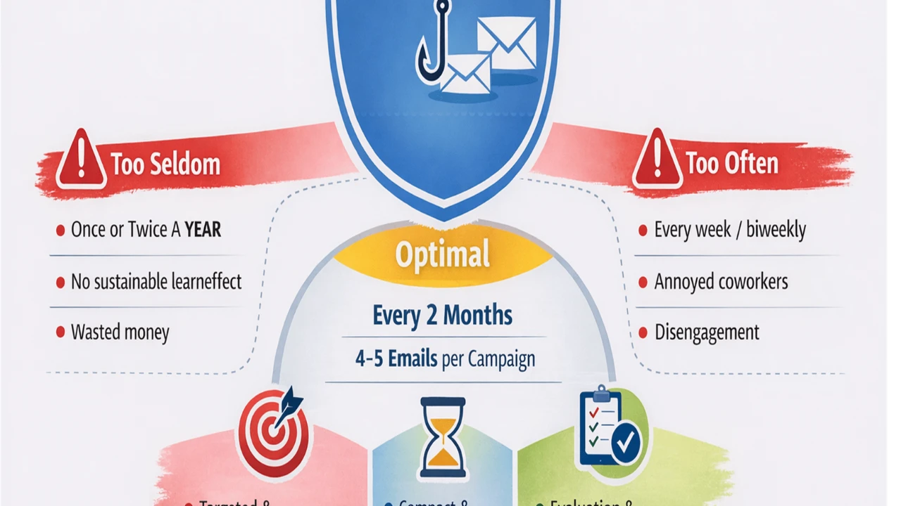 Infographic on phishing simulation frequency: once or twice a year is too seldom, weekly too often, every 2 months optimal