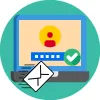 Symbol der Phishing-Vorlage «Password Check»: Login-Maske am Laptop mit bestätigtem Passwort und einer E-Mail