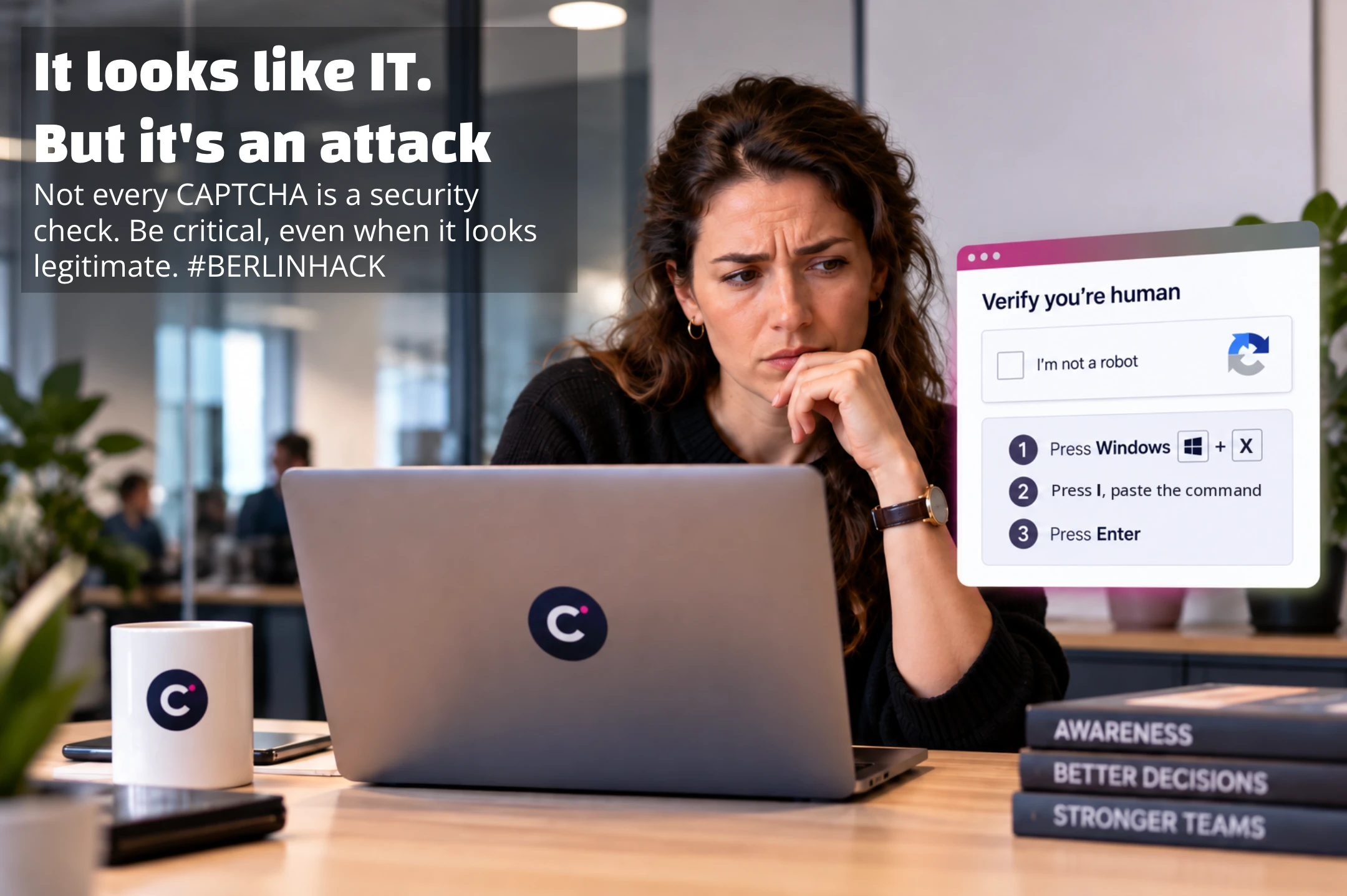 "It looks like IT. But it's an attack": a woman frowns at a fake CAPTCHA telling her to press Windows+X, then I, and paste a command