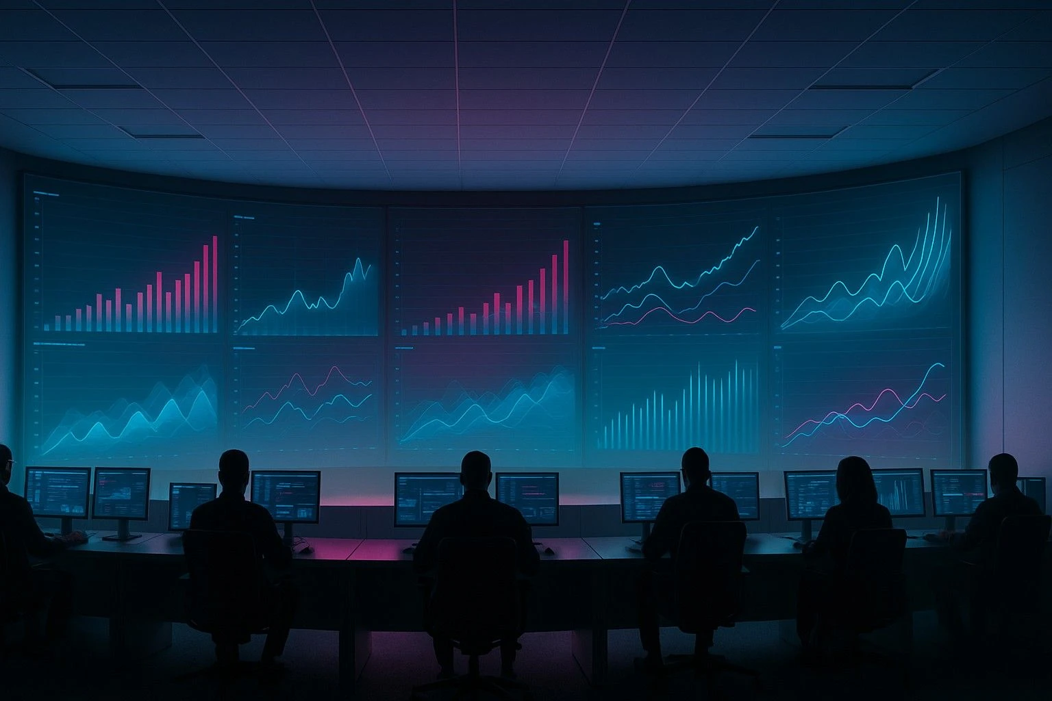 Silhouetten von Menschen an Bildschirmen in einem dunklen Kontrollraum vor einer Wand mit steigenden Diagrammen