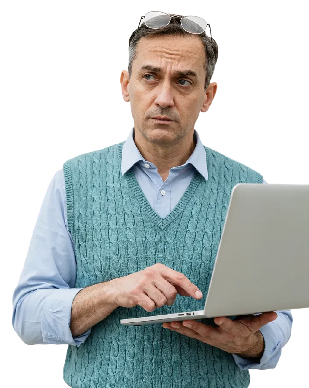 Eine Bürokraft mit Laptop, kurz vor dem Klicken