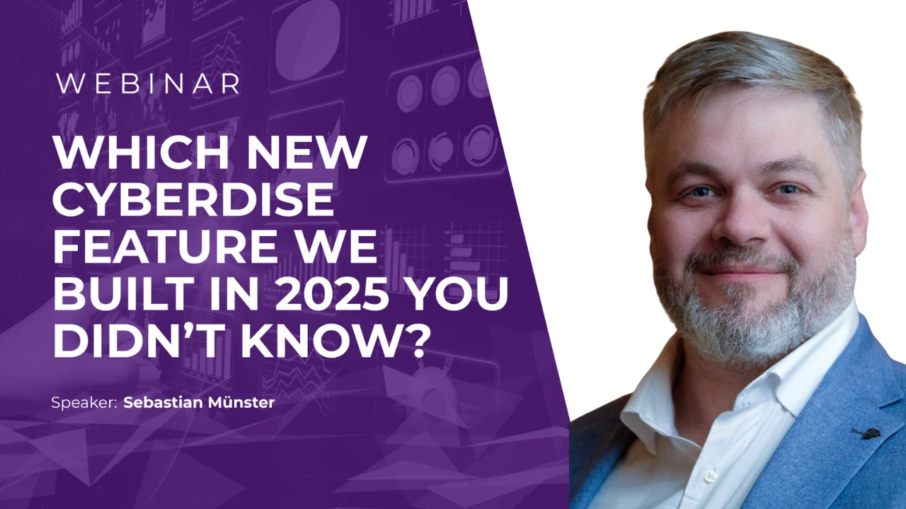 Webinar-Titelgrafik: «Which new Cyberdise feature we built in 2025 you didn't know?», Referent Sebastian Münster
