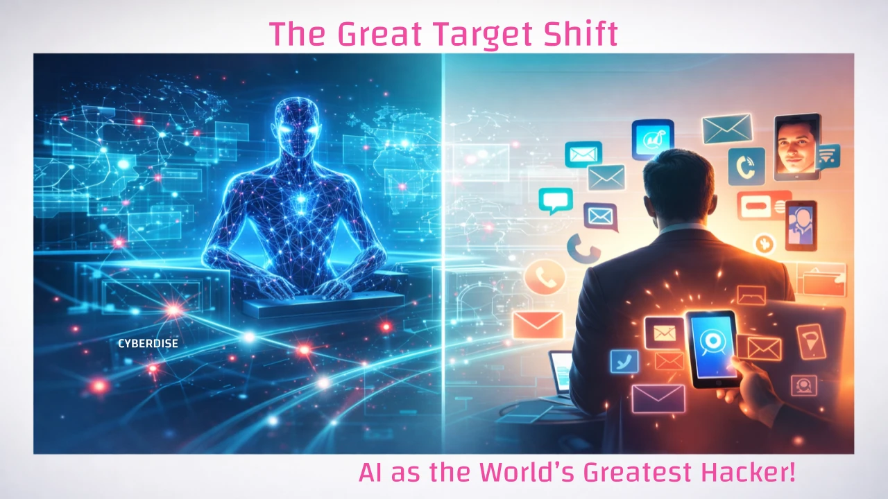 Illustration "The Great Target Shift – AI as the World's Greatest Hacker": AI figure beside a man surrounded by messages