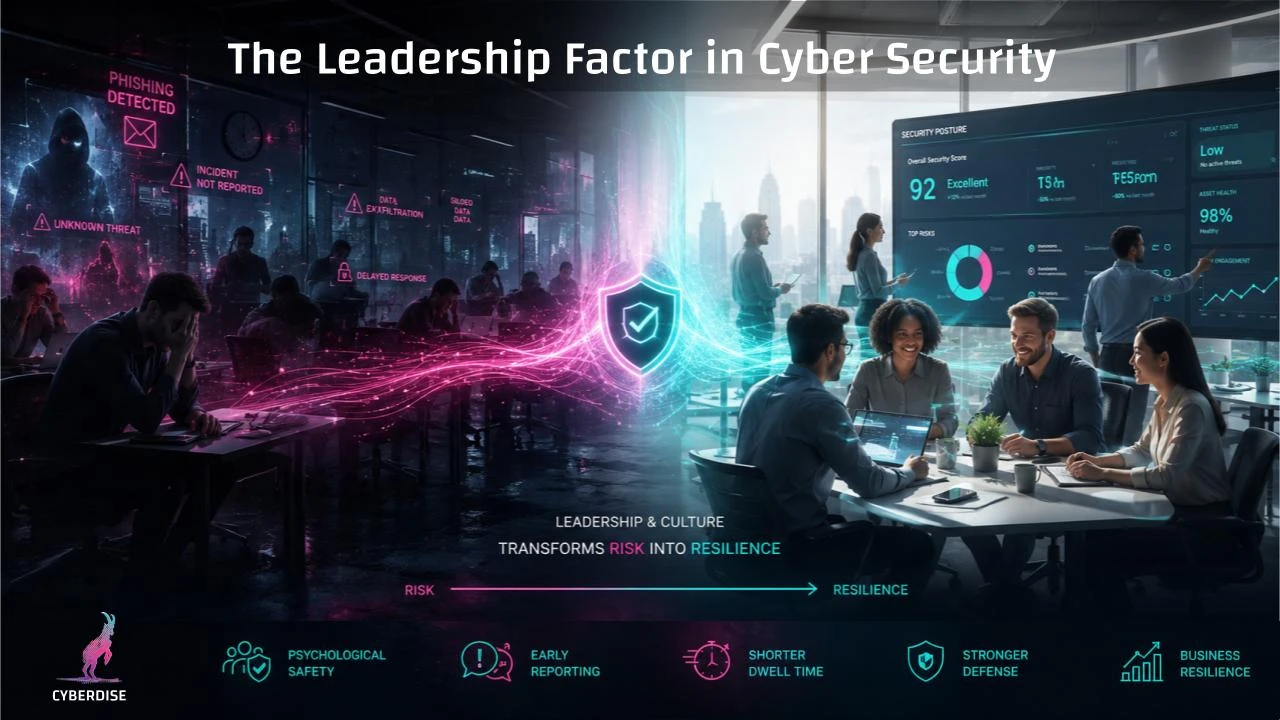 Title card "The Leadership Factor in Cyber Security": a stressed office turns into a confident team – from risk to resilience