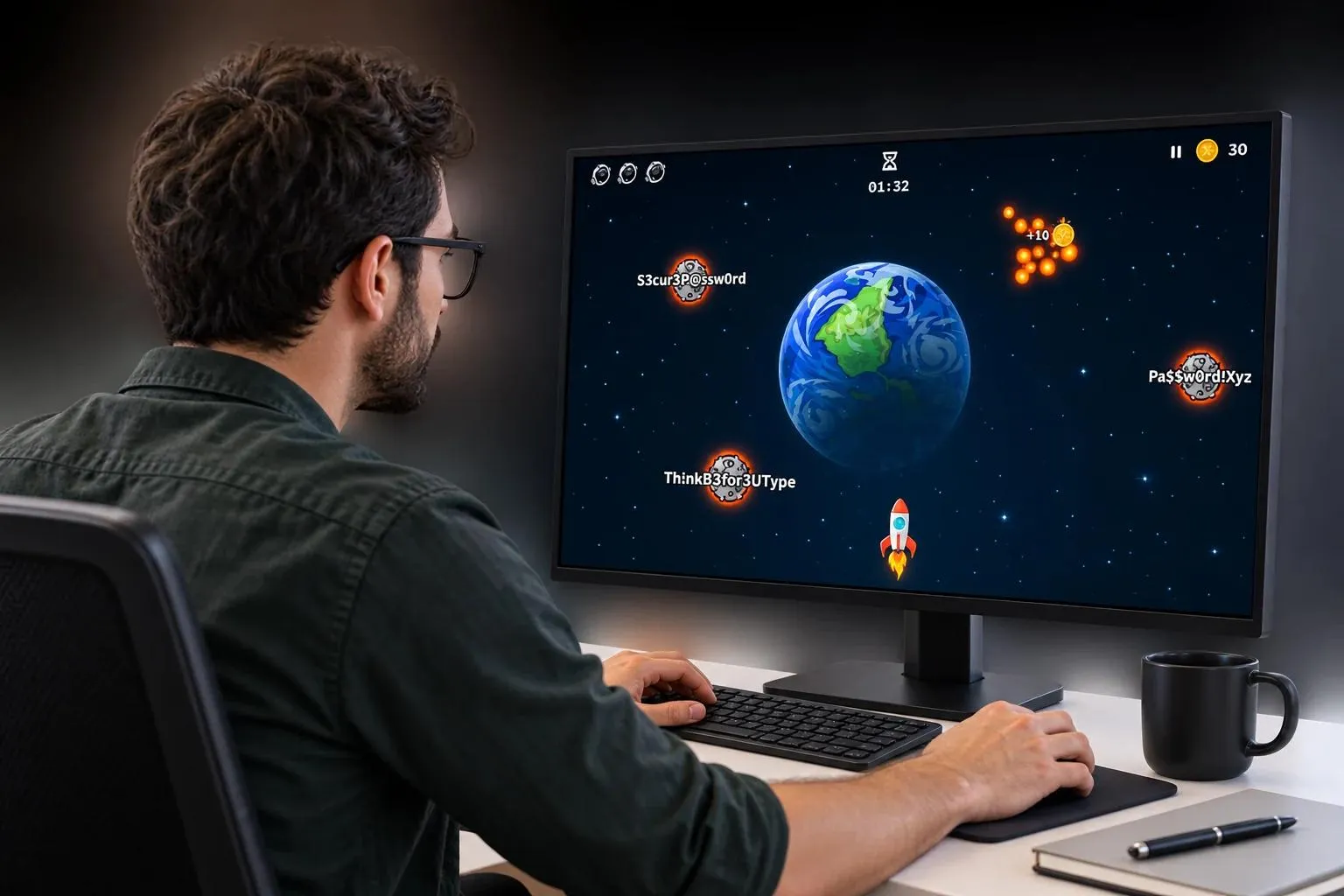 Ein Mann an seinem Schreibtisch spielt «Schwache Passwörter abschiessen», auf seinem Bildschirm fliegen Passwort-Asteroiden um einen Planeten