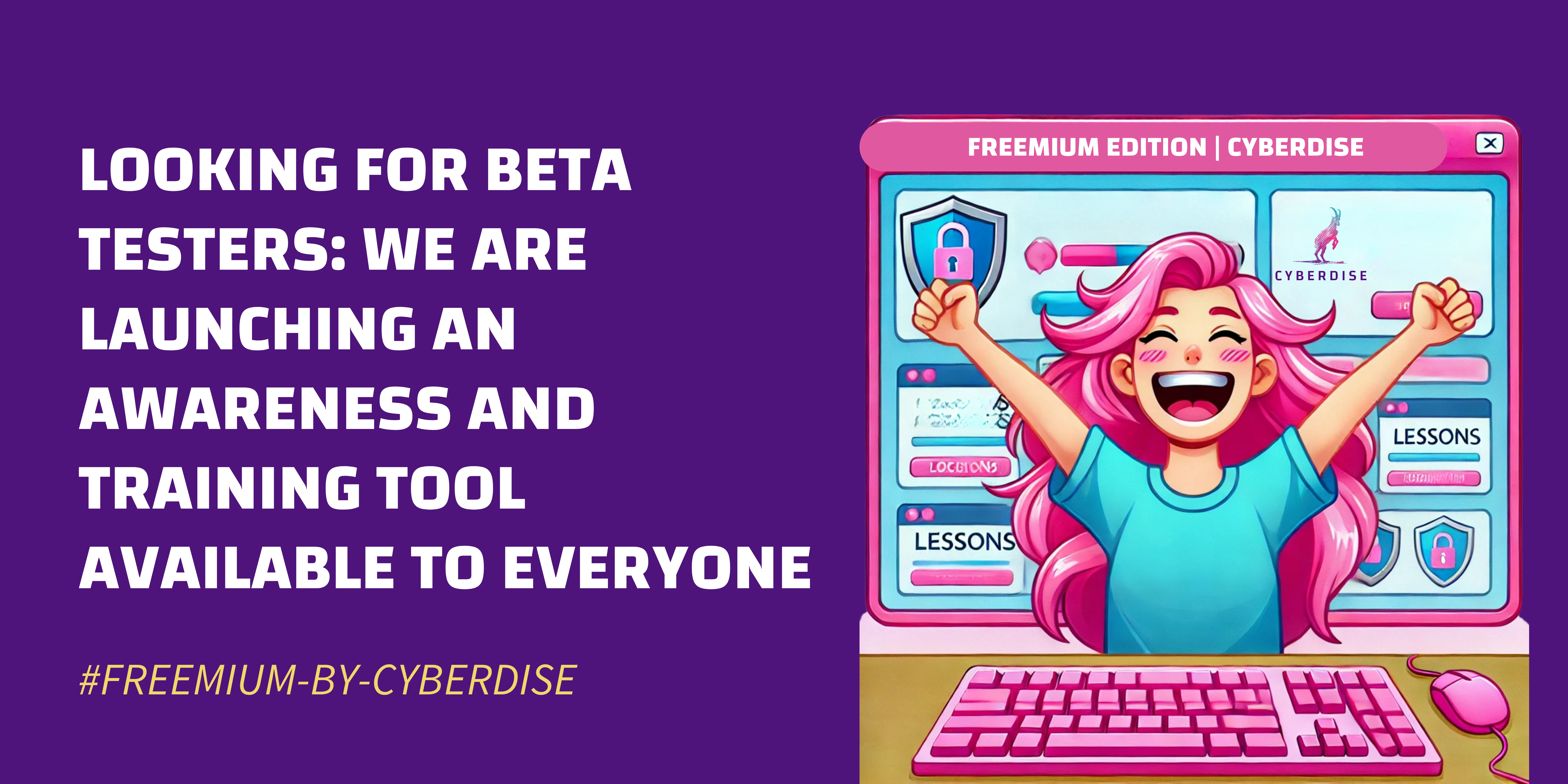 Banner «Looking for beta testers»: jubelnde Comicfigur vor dem Bildschirm der Cyberdise Freemium Edition