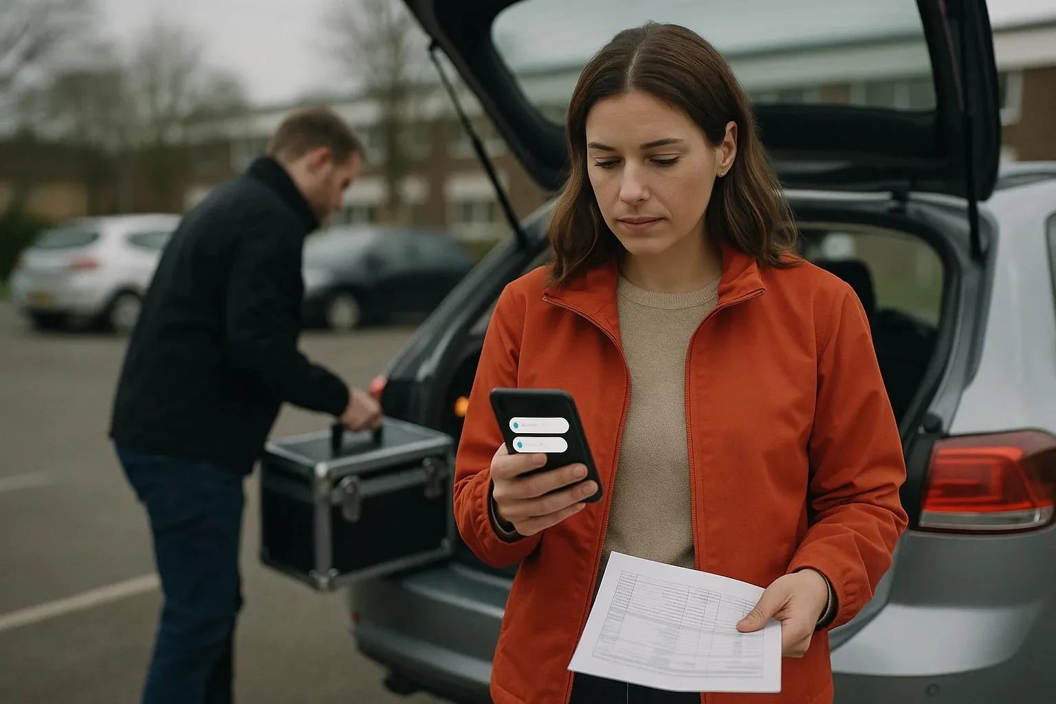 Eine Aussendienstmitarbeiterin steht neben ihrem Auto und liest zwei Nachrichten, die im Abstand von einer Minute eingegangen sind, während ein Kollege hinter ihr Ausrüstung aus dem Kofferraum hebt
