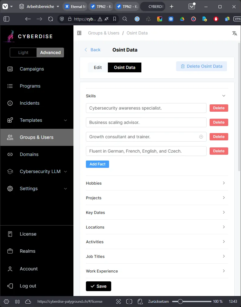 Cyberdise admin screen "Osint Data" under Groups & Users, listing a user's skills plus sections like hobbies and job titles