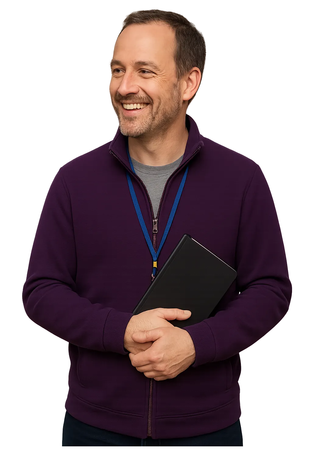 A university IT services lead holding a notebook, cut out against the page background