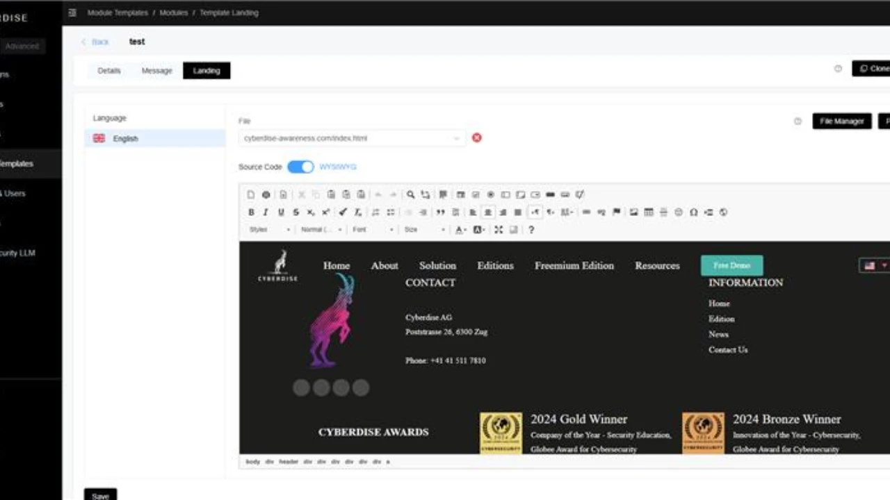 Cyberdise template editor on the Landing tab, editing a page loaded from cyberdise-awareness.com in WYSIWYG mode