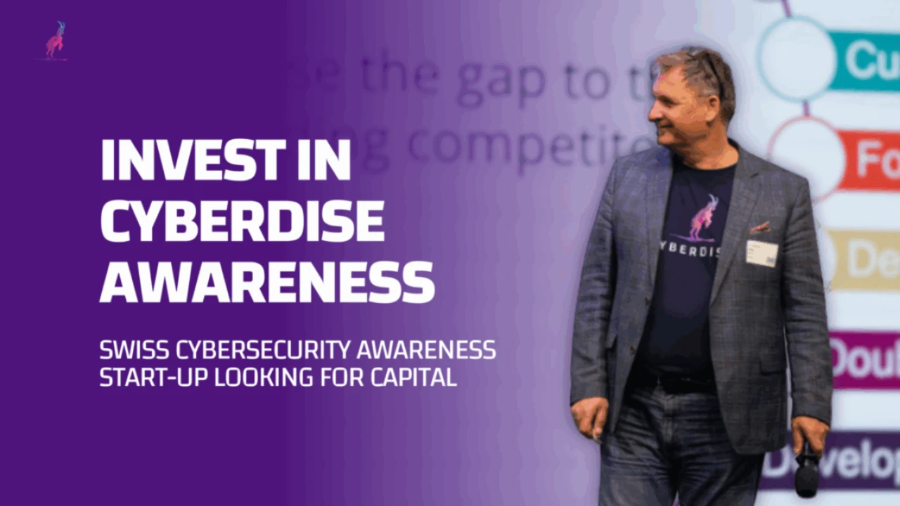 Titelbild «Invest in Cyberdise Awareness – Swiss Cybersecurity Awareness Start-up looking for capital», Redner auf der Bühne