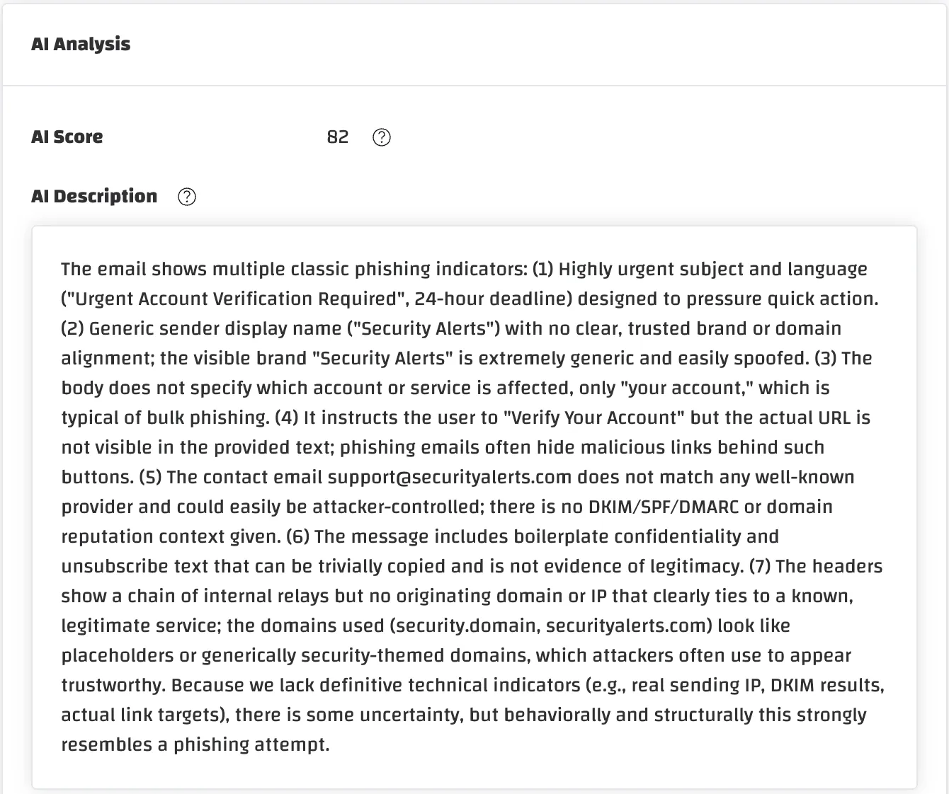 Die KI-Analyse einer gemeldeten E-Mail in der Incident Inbox: ein KI-Score von 82 und eine schriftliche Erklärung der gefundenen Phishing-Merkmale