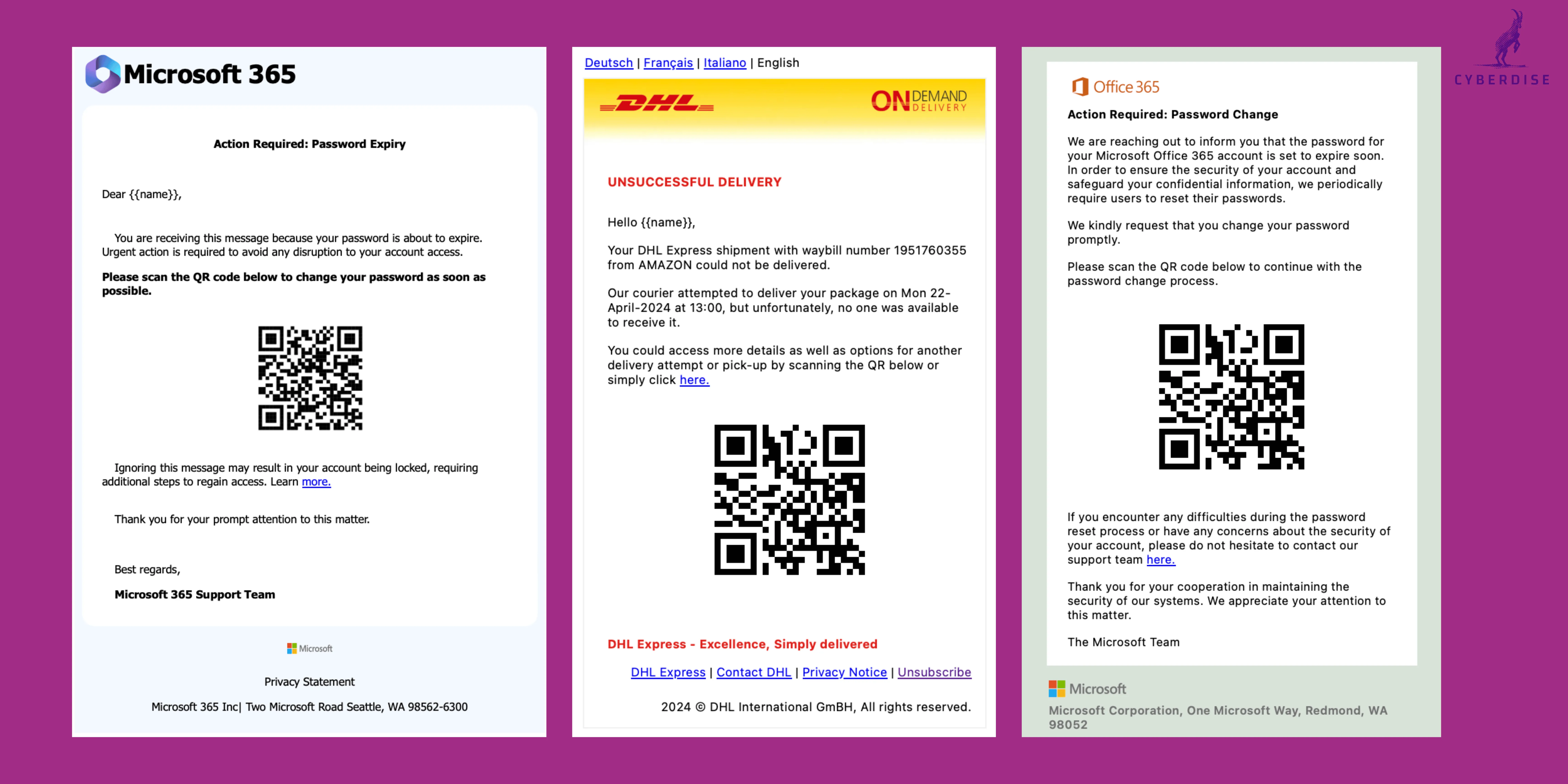 Three quishing emails with QR codes: Microsoft 365 password expiry, DHL failed delivery and Office 365 password change