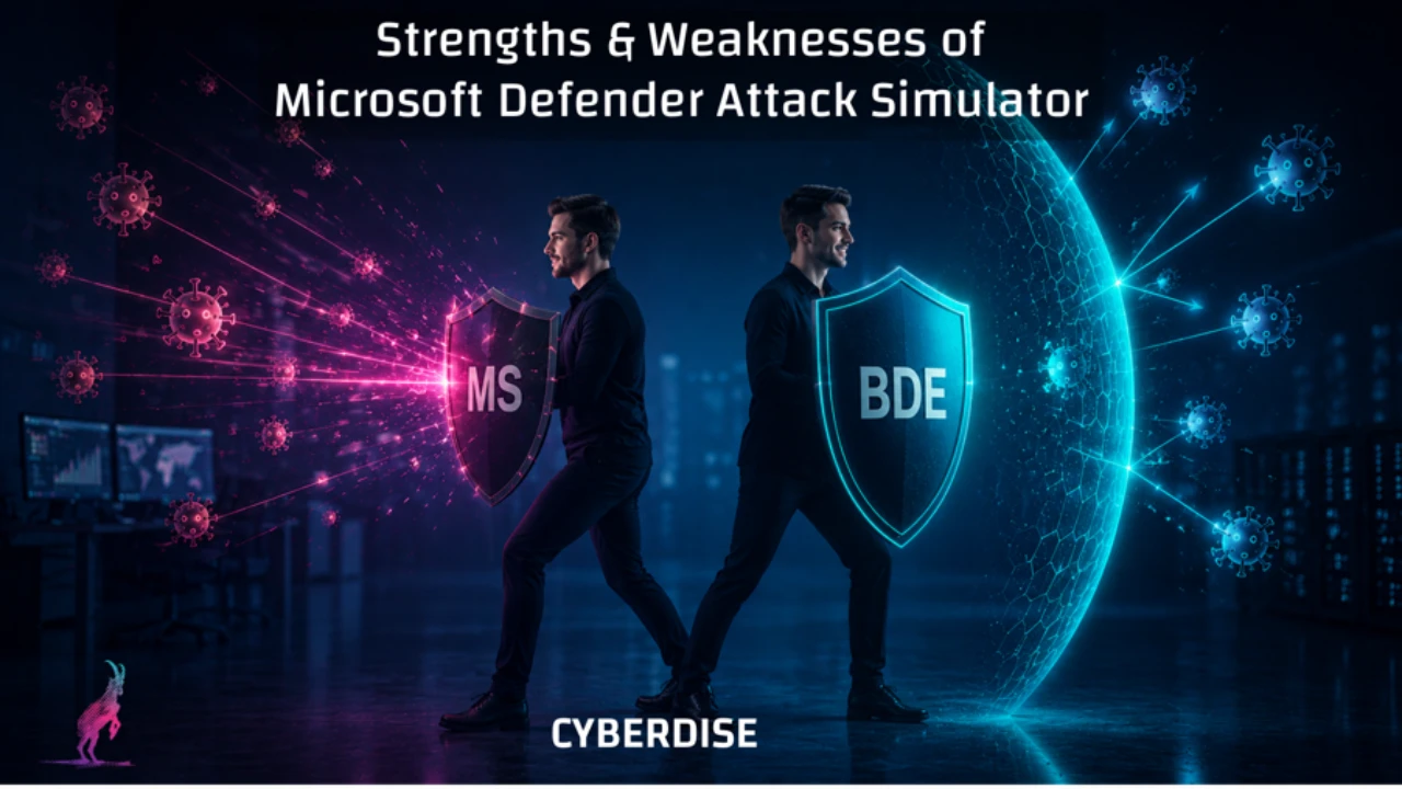 Titelgrafik «Strengths & Weaknesses of Microsoft Defender Attack Simulator»: zwei Männer halten Schilde mit der Aufschrift MS und BDE gegen anfliegende Angriffe