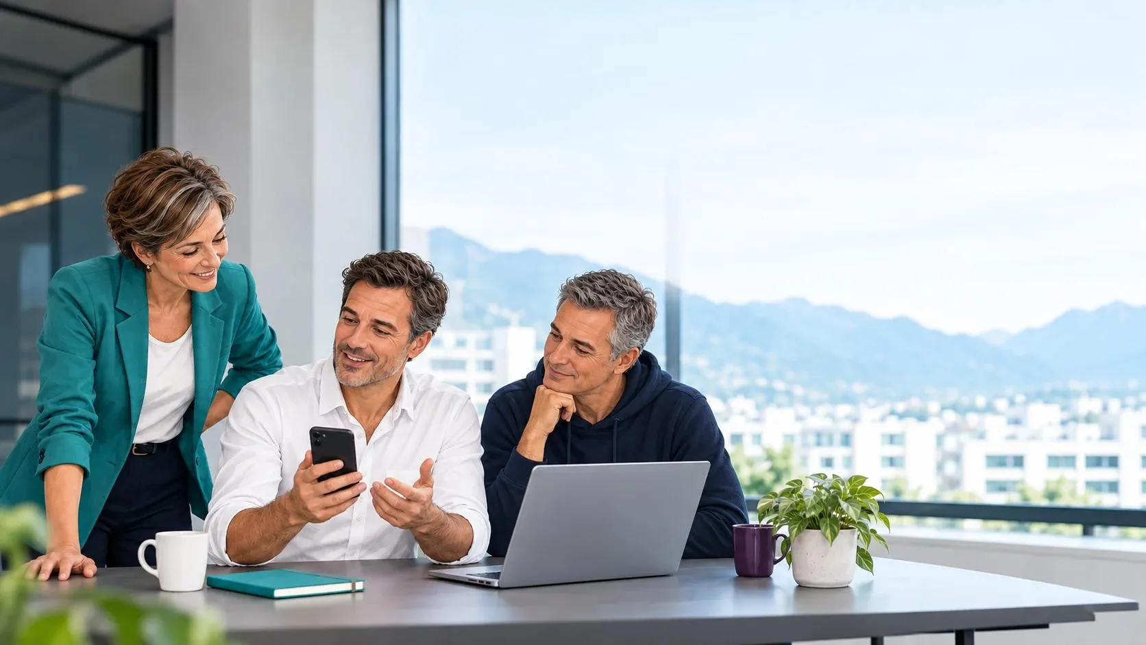 Drei Personen an einem Schreibtisch mit Laptop und Smartphone, eine erklärt den beiden anderen etwas
