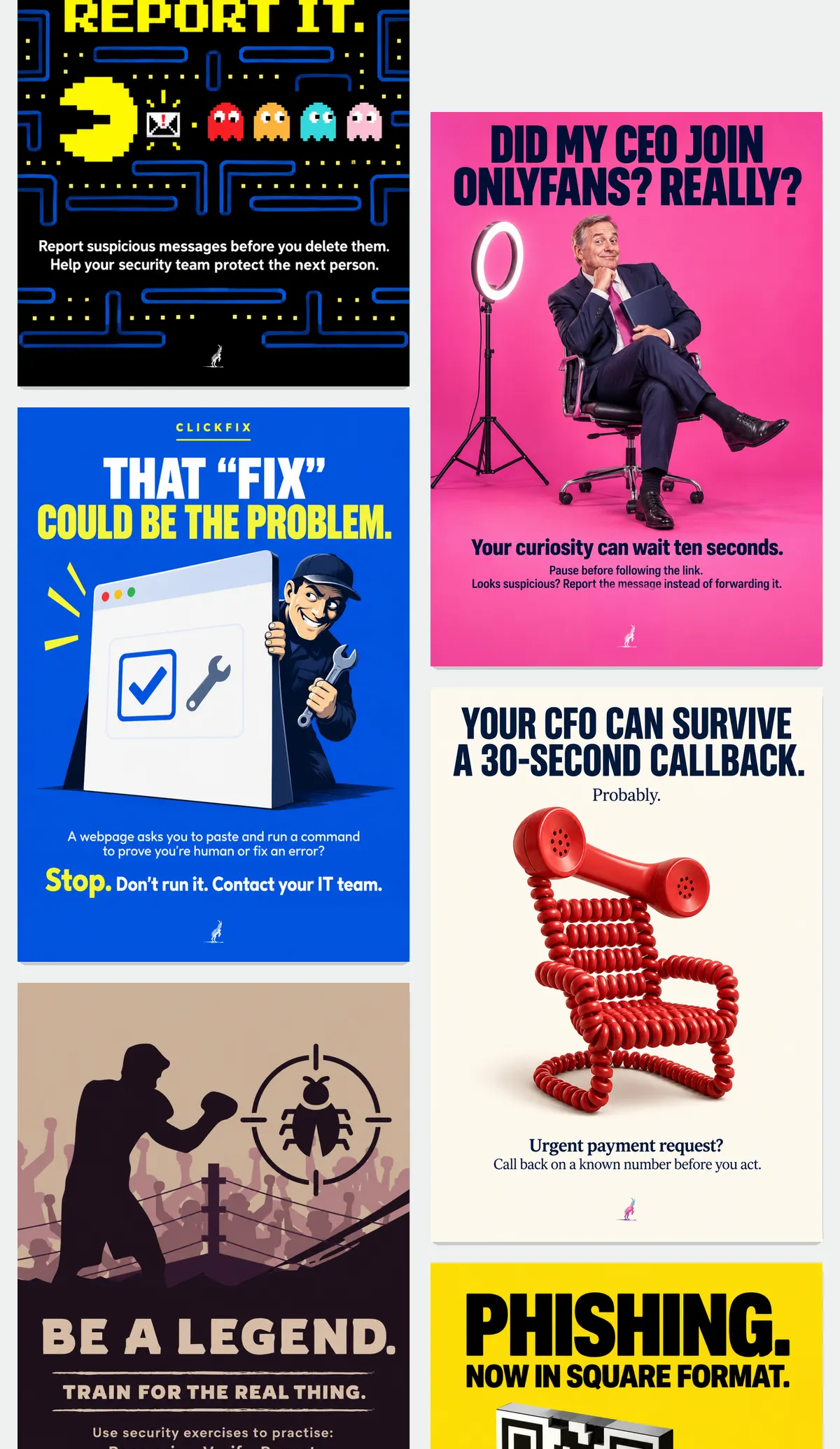 Eine Wand mit sechs Postern aus dem Kit zum Human Defense Month, von Pac-Man und dem CEO auf OnlyFans bis zu ClickFix und einem Stuhl aus Telefonkabel