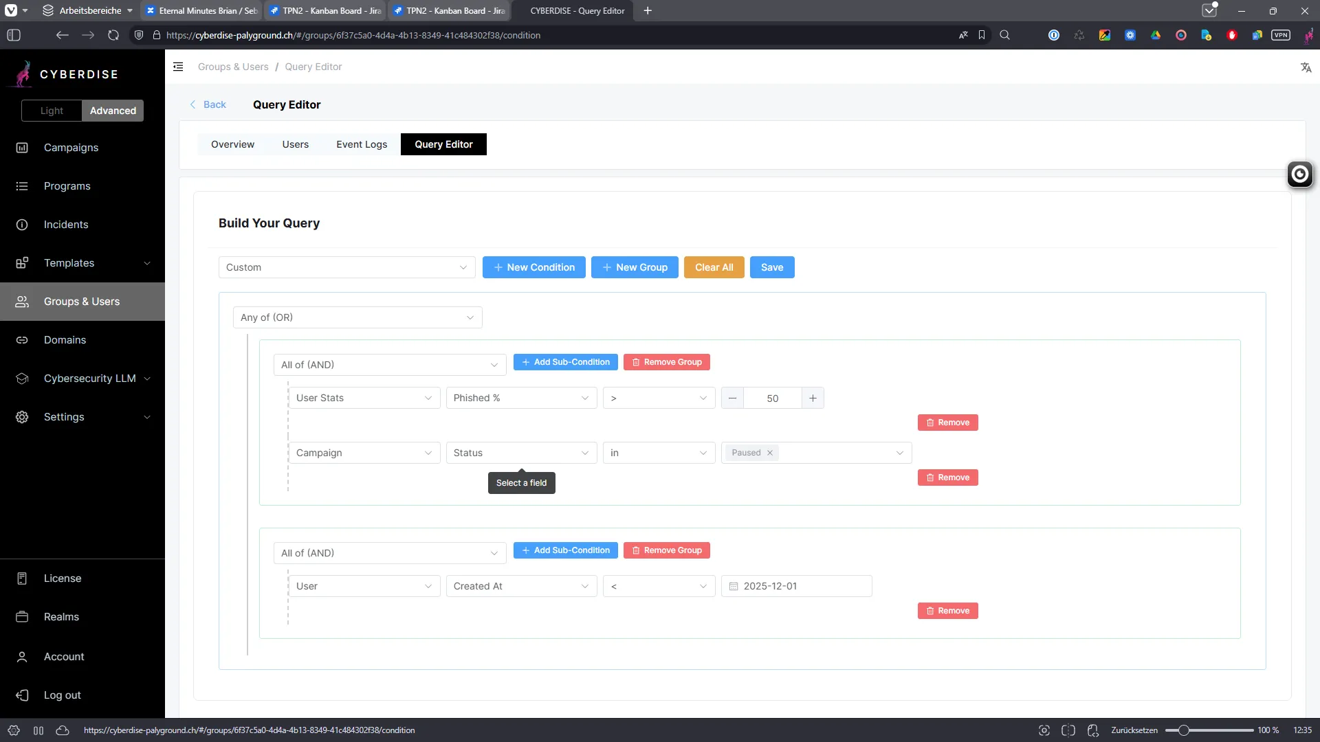 Screenshot of the CYBERDISE Query Editor: a dynamic recipient group built from AND/OR conditions such as "Phished % > 50"