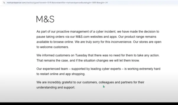 Screenshot of the M&S website notice: orders via M&S.com websites and apps paused because of a cyber incident