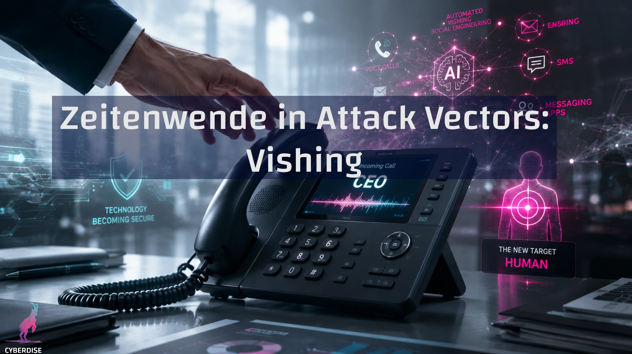 Titelgrafik «Zeitenwende bei Angriffsvektoren: Vishing»: Tischtelefon mit eingehendem Anruf vom «CEO» zwischen KI-Symbolen