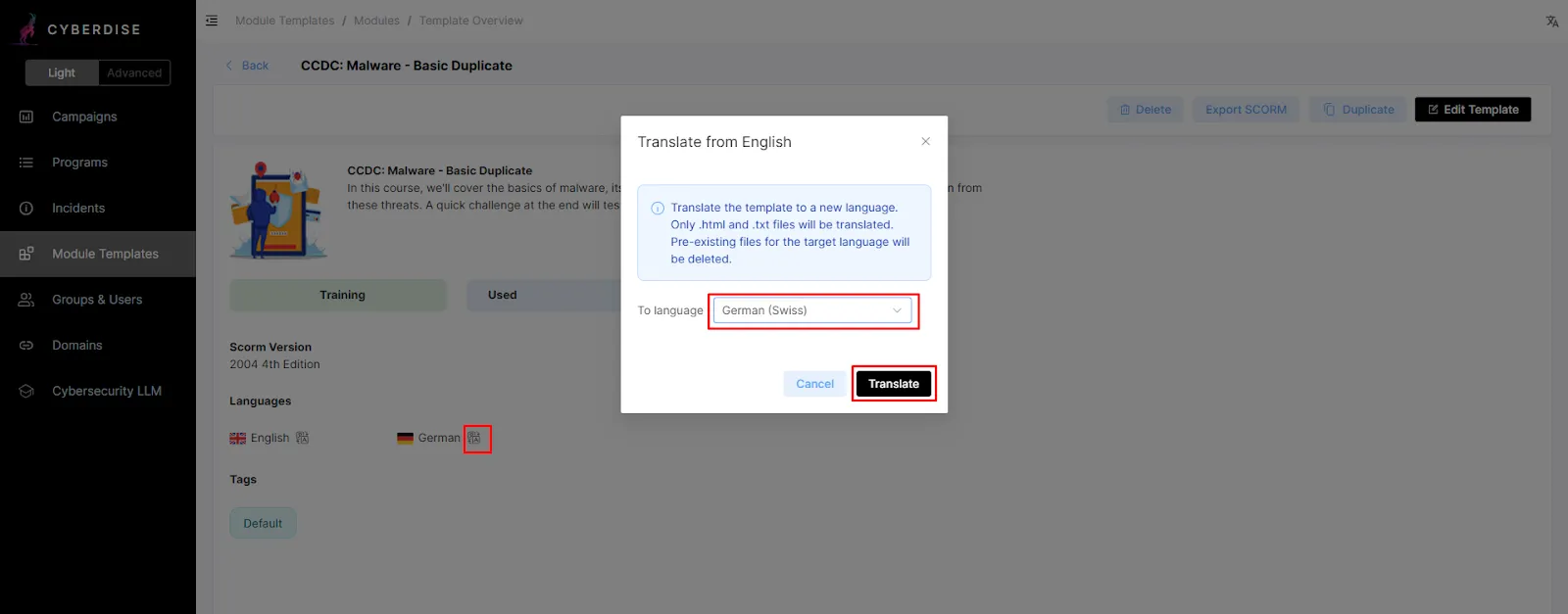CYBERDISE screenshot: the "Translate from English" dialog translating a training module template into German (Swiss)