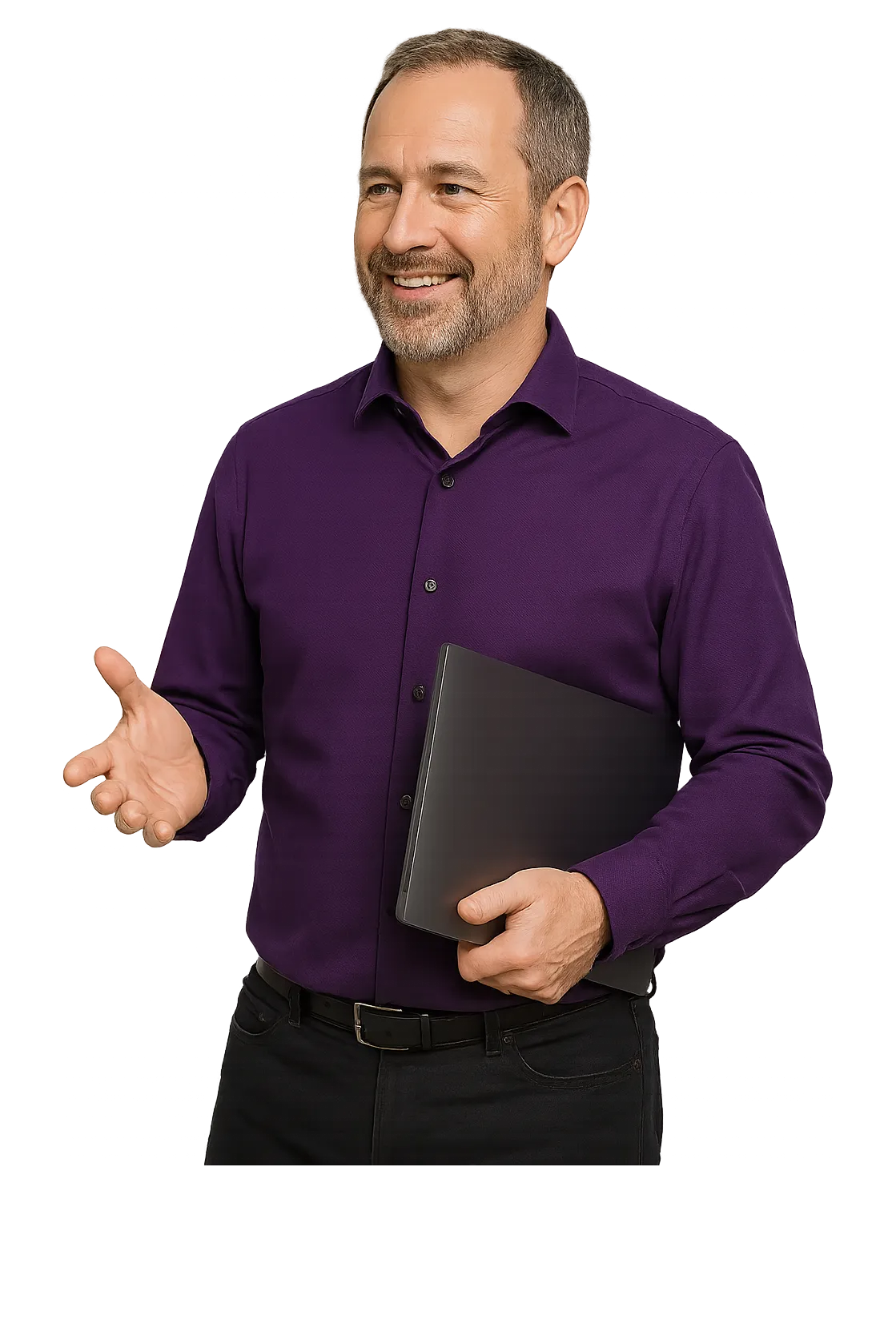 An enterprise security architect holding a closed laptop, cut out against the page background