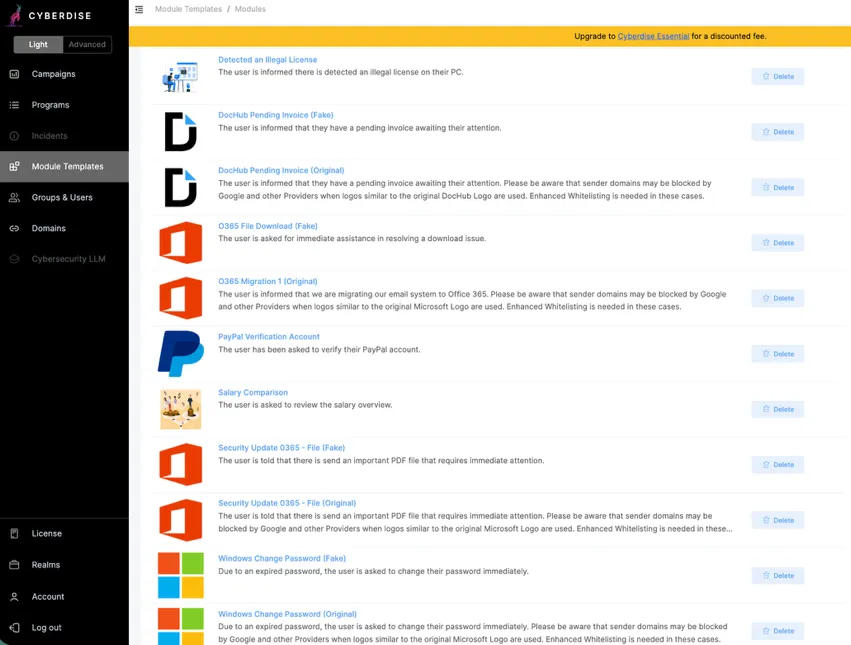 Screenshot der Module Templates im gratis CYBERDISE-Tool: Phishing-Vorlagen wie DocHub-Rechnung, O365, PayPal, Windows