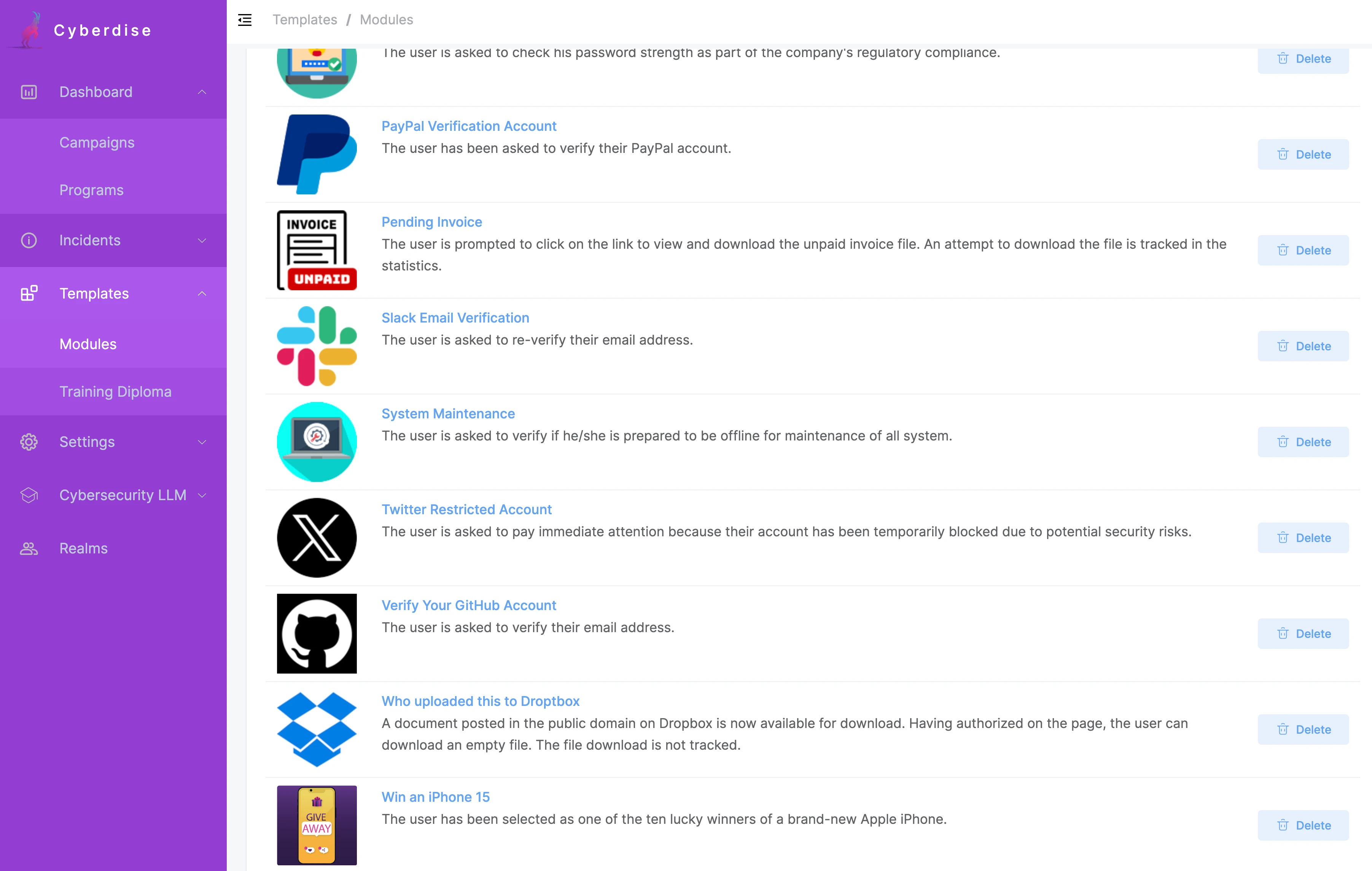 Cyberdise template library screenshot: phishing templates such as PayPal, Slack, GitHub, Dropbox and an iPhone 15 giveaway