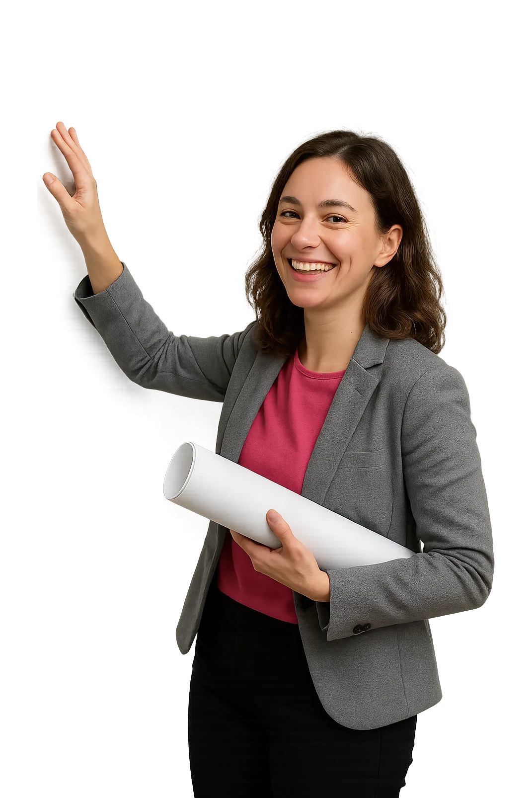 A smiling security champion with a rolled-up poster under her arm, about to put it up on the office wall