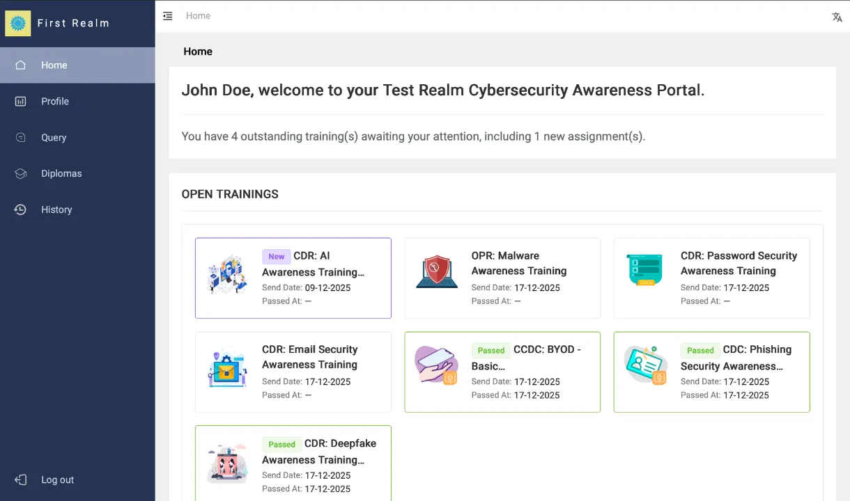 The redesigned Cyberdise user portal home page, listing a user's open trainings with send and pass dates