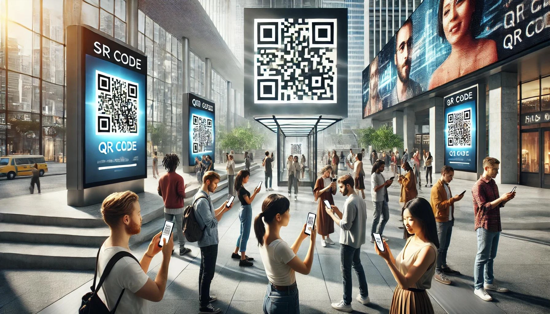 City plaza where people use smartphones to scan QR codes displayed on large digital screens and billboards