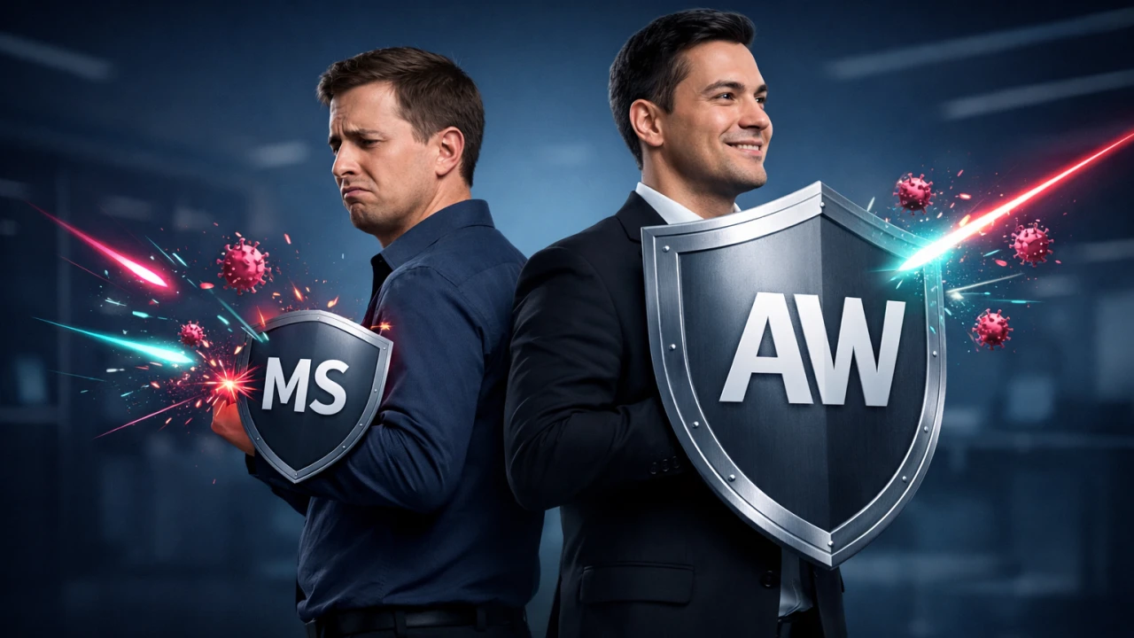 Two men back to back: a frowning one with a small "MS" shield takes hits, a smiling one blocks attacks with a big "AW" shield