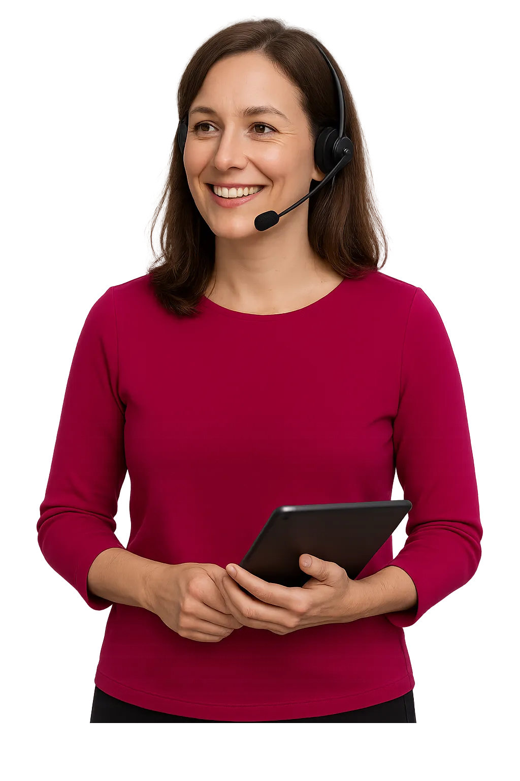 A service delivery manager at an IT provider holding a tablet, cut out against the page background