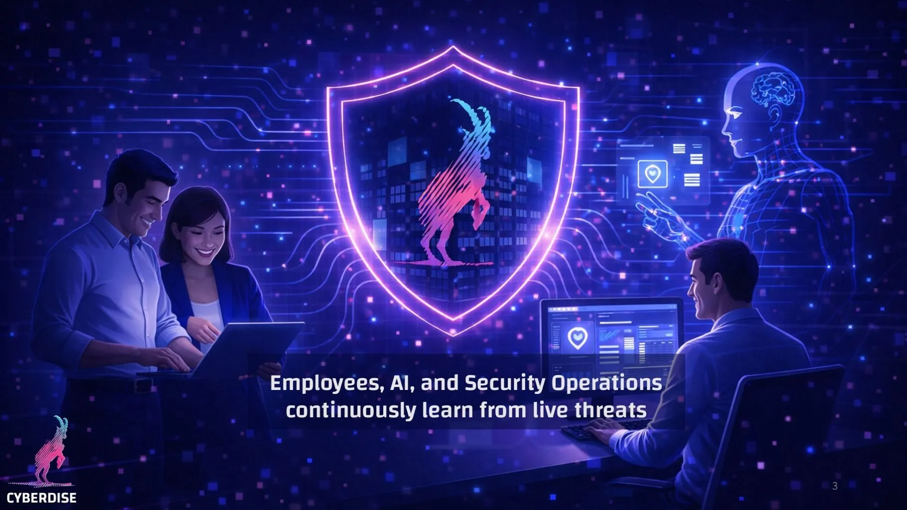 Slide: "Employees, AI, and Security Operations continuously learn from live threats", staff and an AI figure by a shield