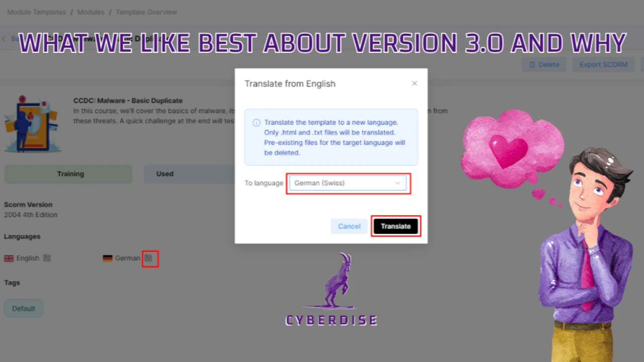 Title card: "What we like best about version 3.0 and why" over the "Translate from English" dialog of a training module