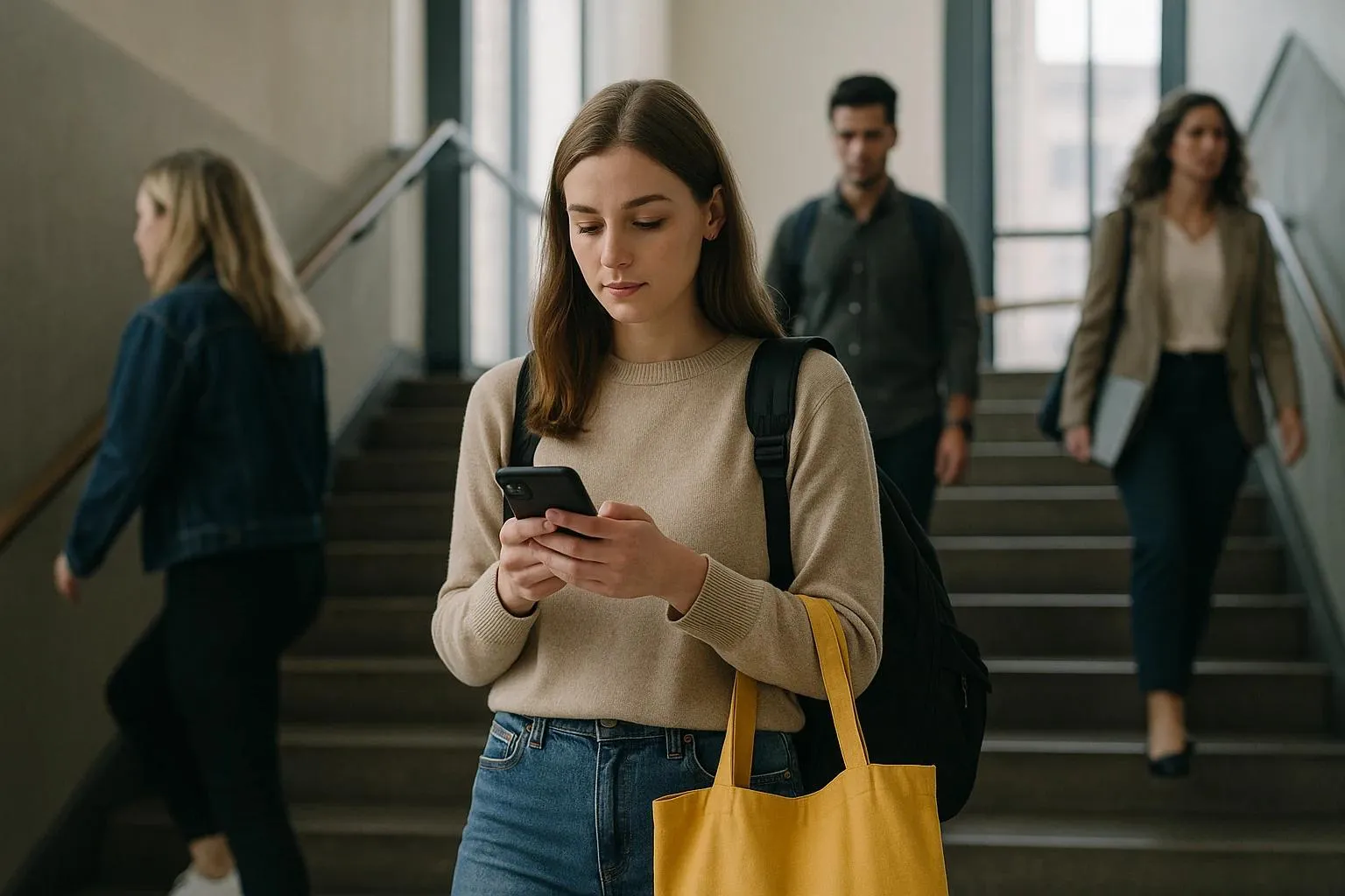 A student on a campus stairway between classes, other students passing behind her