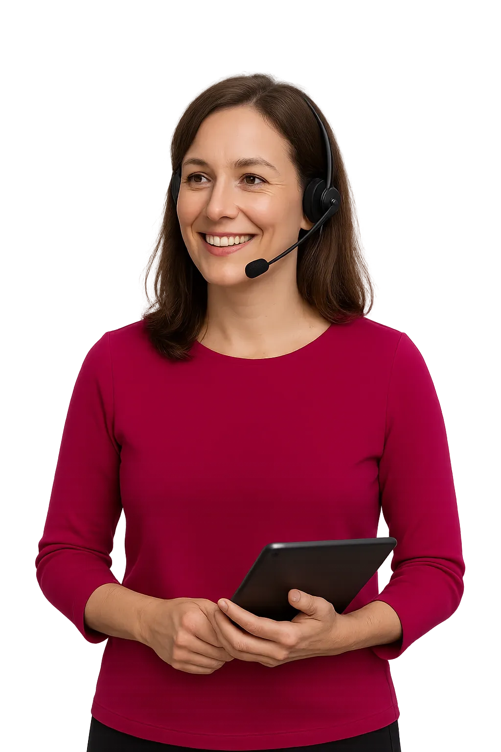 Ein Service Delivery Manager eines IT-Anbieters mit einem Tablet, freigestellt vor dem Seitenhintergrund