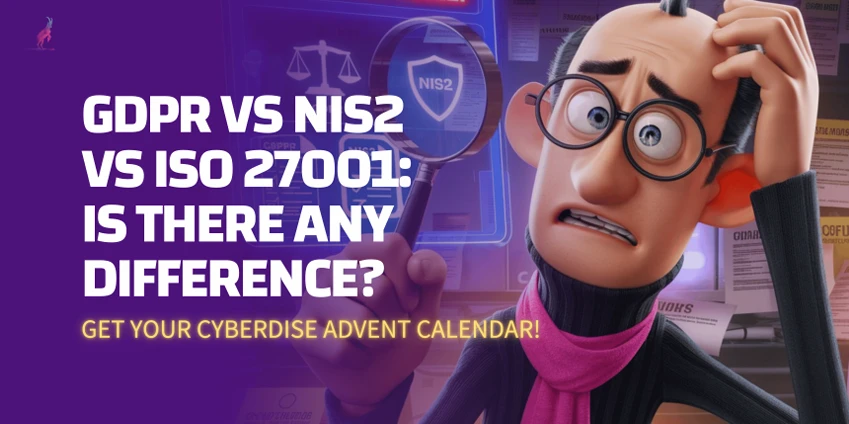 Titelgrafik: «GDPR vs NIS2 vs ISO 27001: Is there any difference?» mit ratloser Comicfigur und Lupe