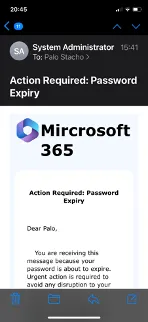Phone screenshot of a phishing email "Action Required: Password Expiry" from "System Administrator", logo "Mircrosoft 365"