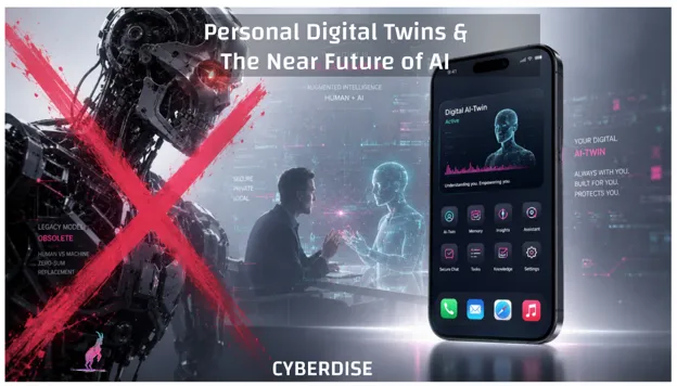 Title card "Personal Digital Twins & The Near Future of AI": a crossed-out robot beside a smartphone showing a digital AI twin app