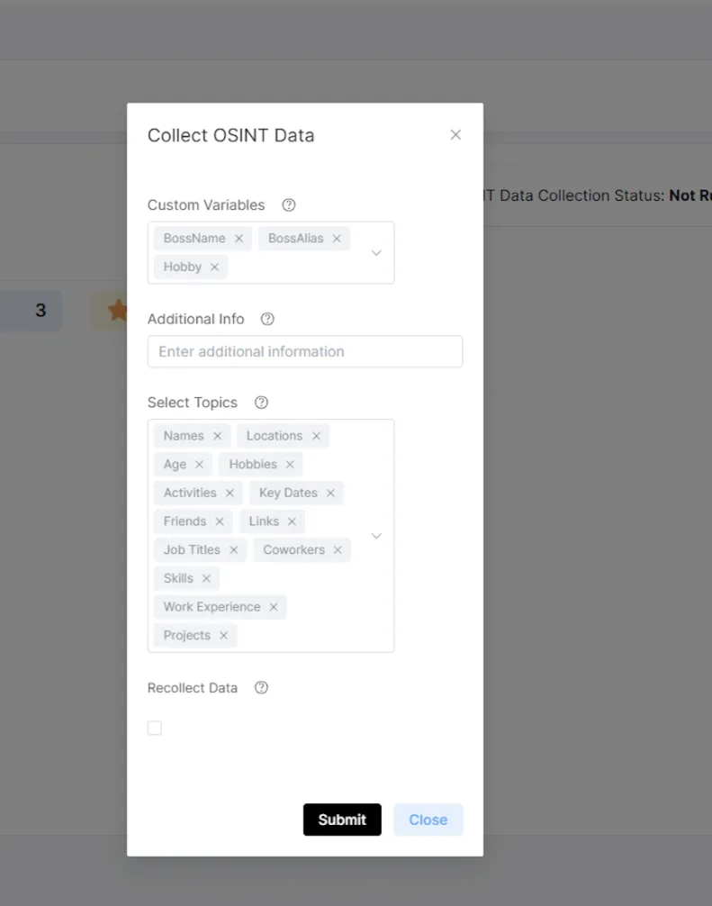 "Collect OSINT Data" dialog in CYBERDISE: custom variables and topics such as names, hobbies, job titles and coworkers