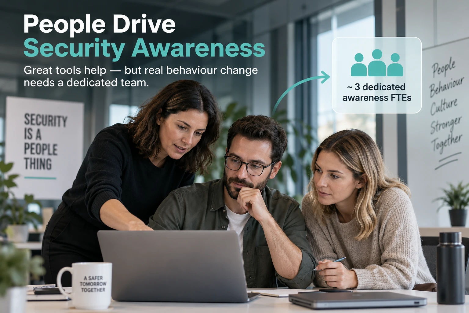 Grafik «People Drive Security Awareness»: drei Personen an einem Laptop, dazu «~ 3 dedicated awareness FTEs»