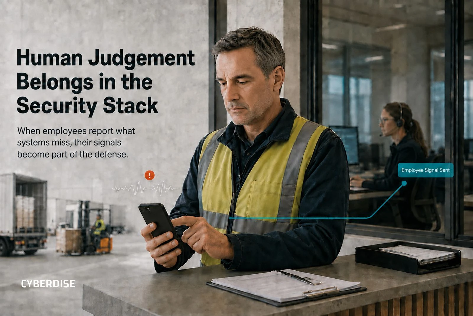 A warehouse employee checks a suspicious message on his phone while a signal labelled Employee Signal Sent reaches a colleague at a security workstation