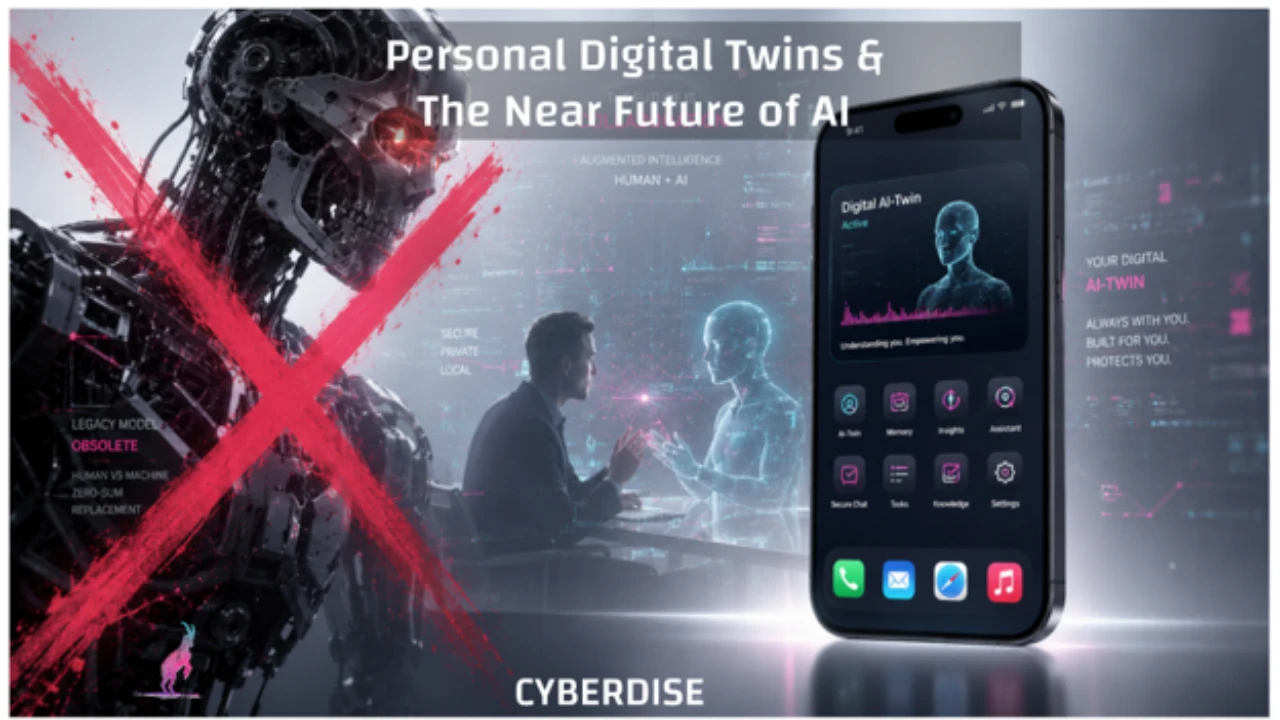 Title card: "Personal Digital Twins & The Near Future of AI" with a crossed-out robot, an AI hologram and an AI-twin app