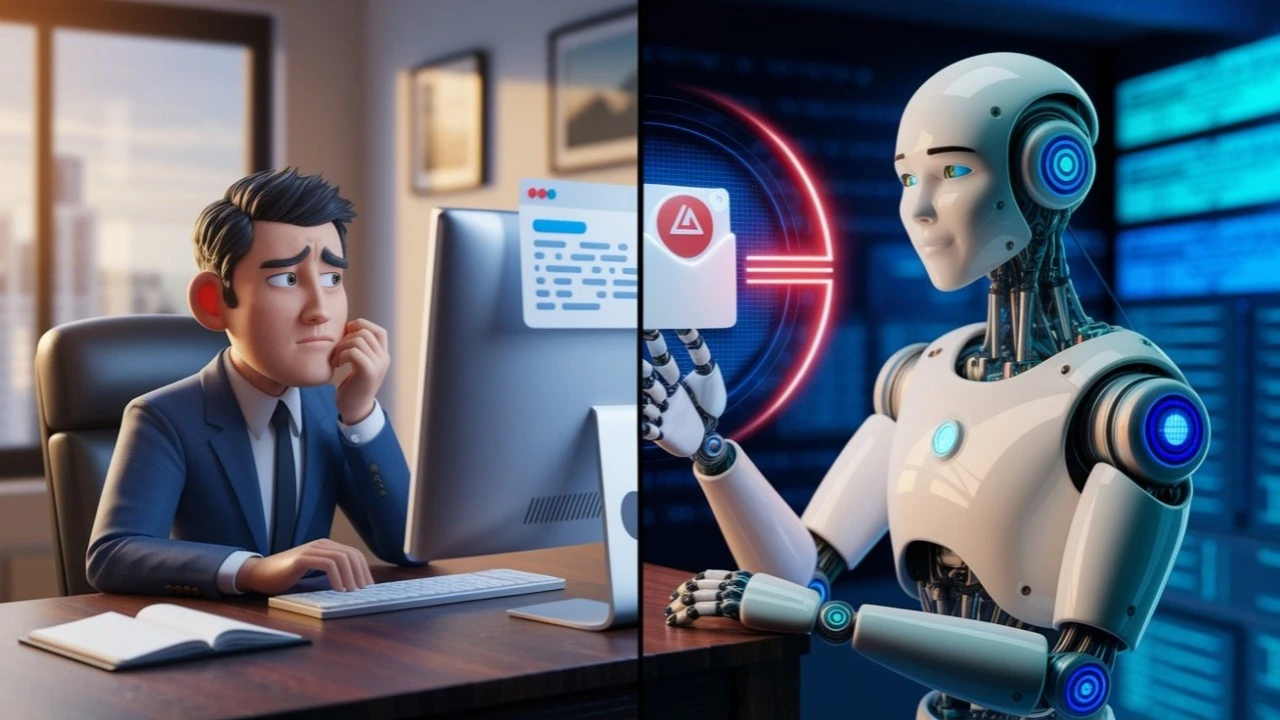 Illustration: a puzzled office worker at his computer next to a humanoid robot holding an email marked with a warning sign