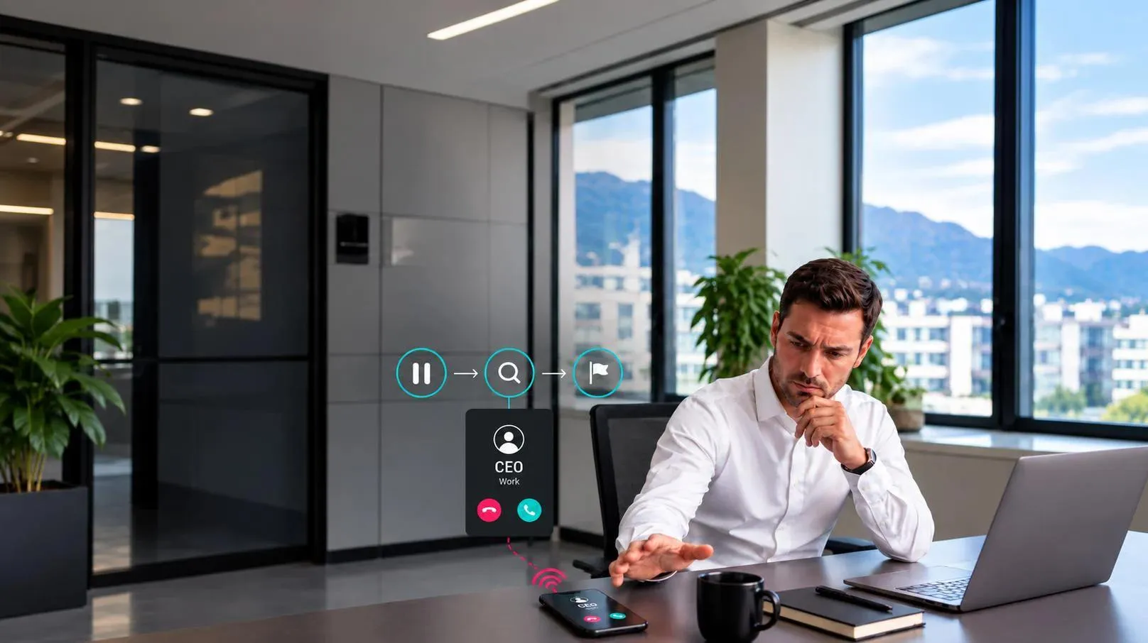 Ein Mann hält an seinem Schreibtisch inne, bevor er einen vermeintlichen Anruf des CEO annimmt. Neben dem Telefon sind Symbole für Innehalten, Prüfen und Melden zu sehen.
