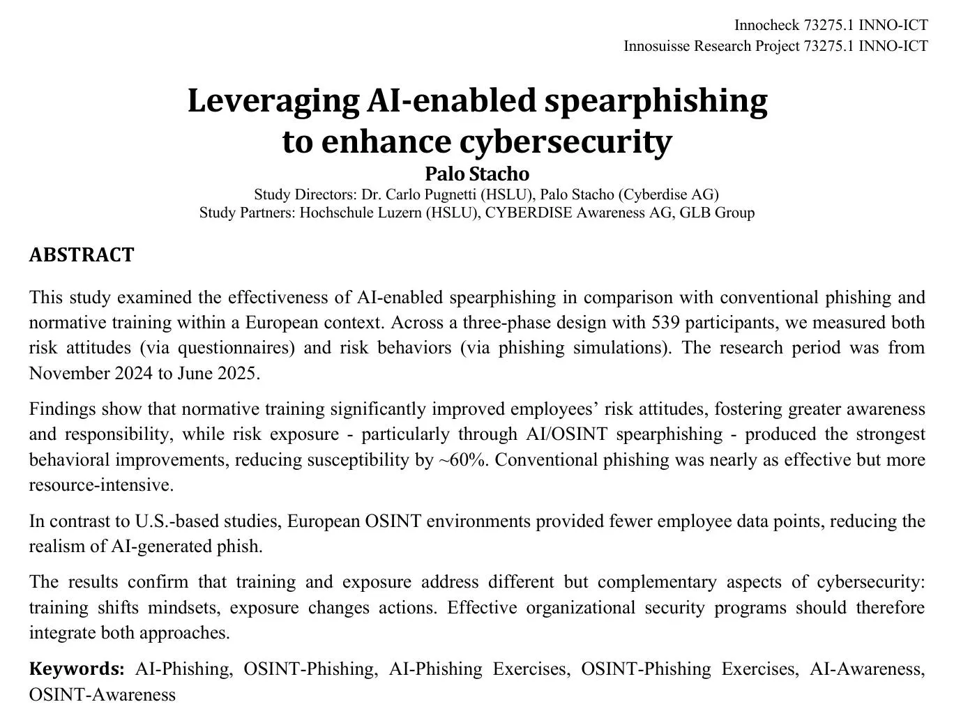 Oberer Teil des Studienberichts «Leveraging AI-enabled spearphishing to enhance cybersecurity» mit Studienleitung, Partnern und Abstract